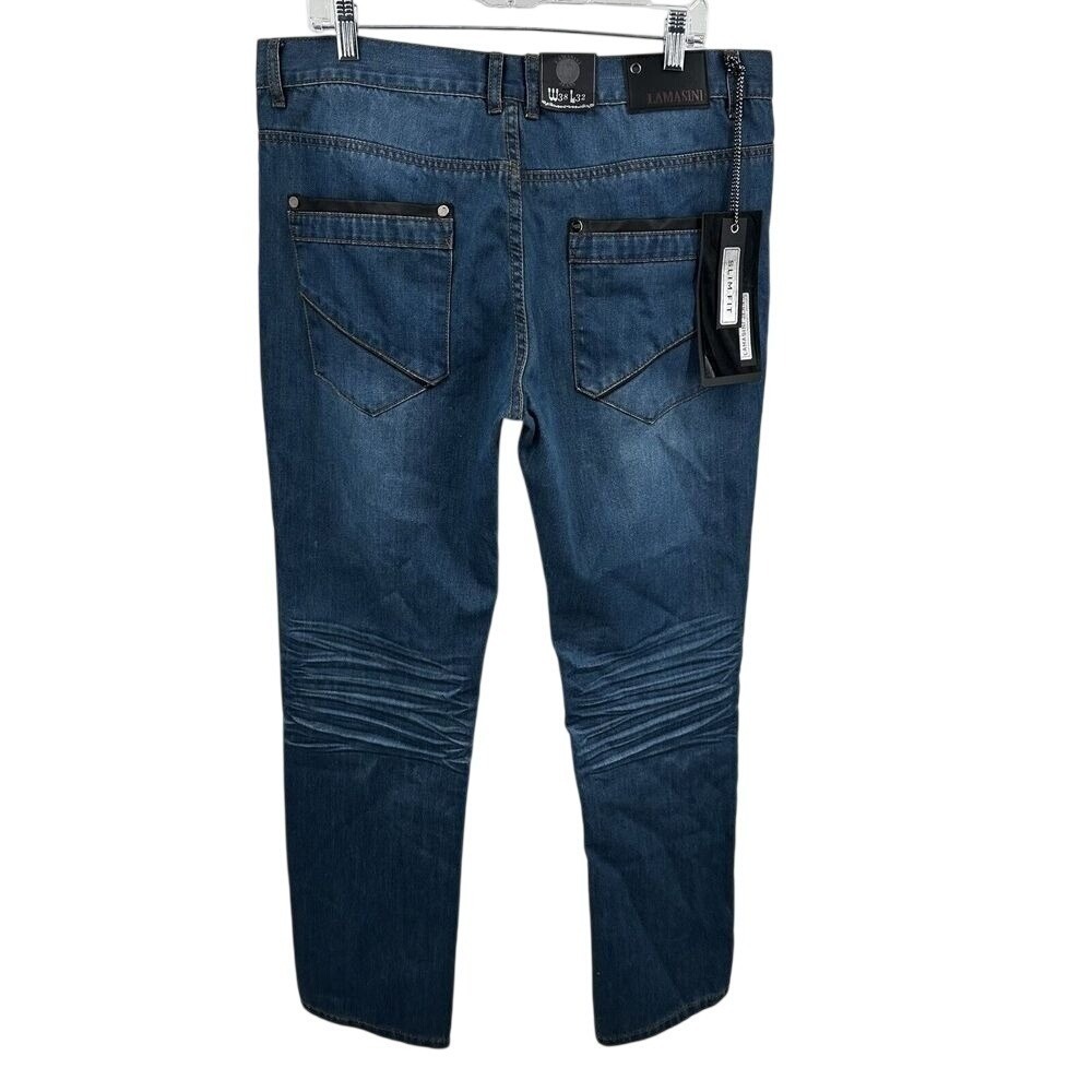 Lamasini LAM-624 Men 38x32 Slim Fit Distressed Ripped Denim Jeans Dark Blue  NWT